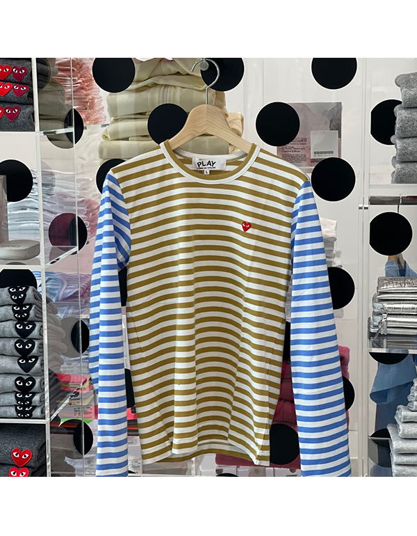 COMME DES GARCONS PLAY RED MINI HEART STRIPED L/S T-Shirt (OLIVE X BLUE)