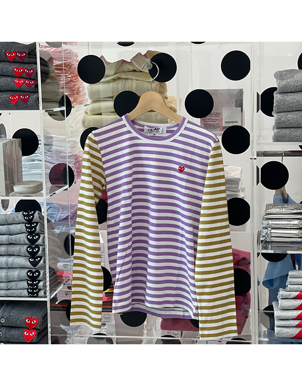 COMME DES GARCONS PLAY RED MINI HEART STRIPED L/S T-Shirt (PURPLE X OLIVE)