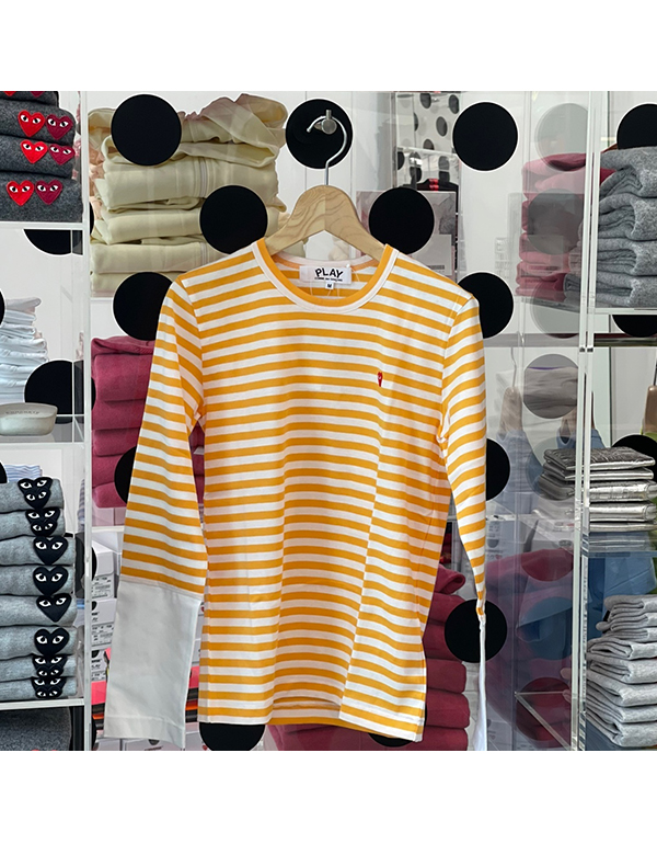COMME DES GARCONS PLAY RED MINI HEART STRIPED L/S T-Shirt (YELLOW X WHITE)