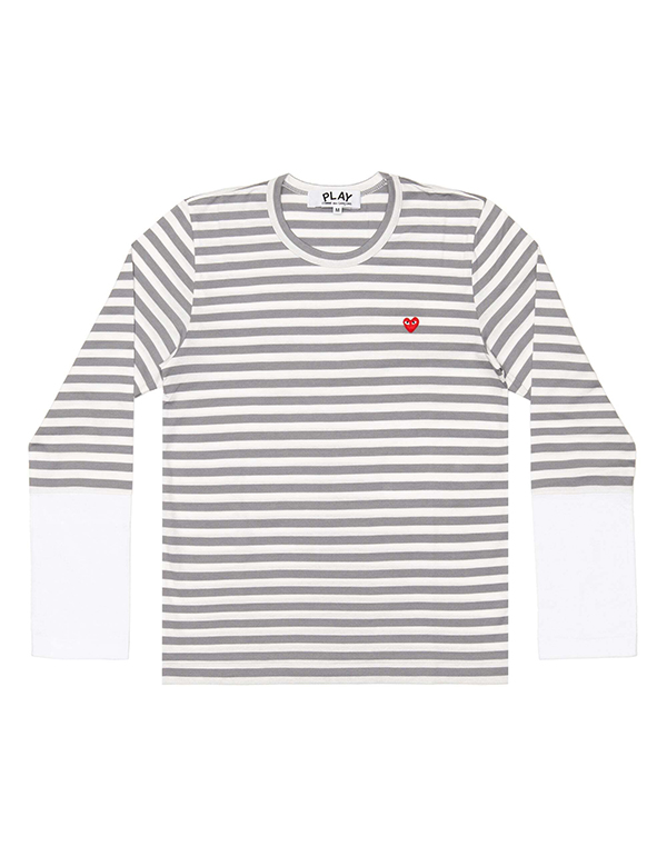 COMME DES GARCONS PLAY RED MINI HEART STRIPED L/S T-Shirt (GRAY X WHITE)