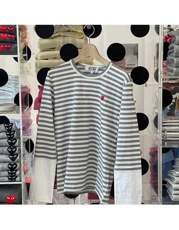 COMME DES GARCONS PLAY RED MINI HEART STRIPED L/S T-Shirt (GRAY X WHITE)