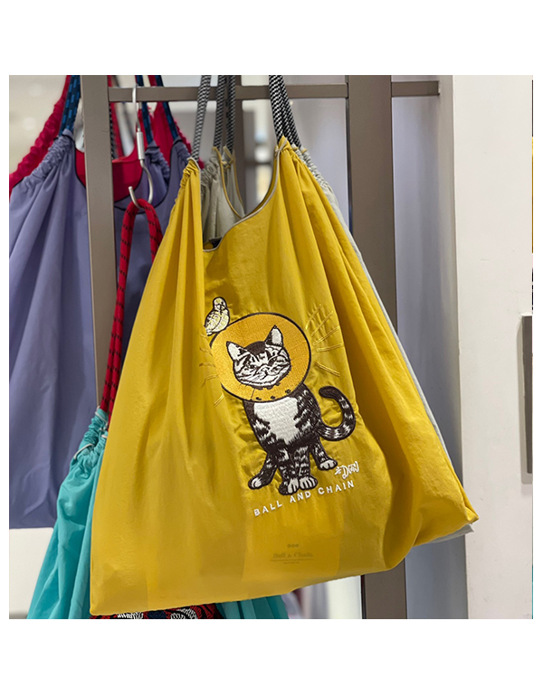 (L) Ball & Chain Eco Bag Large Cat & Bird Yellow