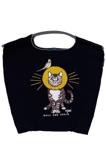 (M) Ball & Chain Eco Bag Medium Cat & Bird Black