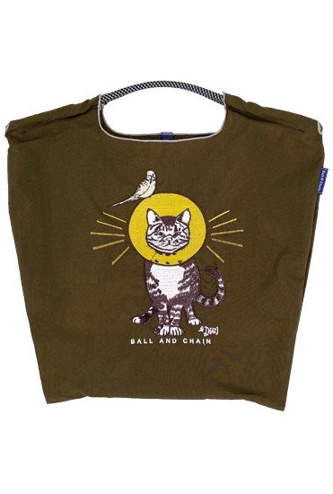 (M) Ball & Chain Eco Bag Medium Cat & Bird Khaki