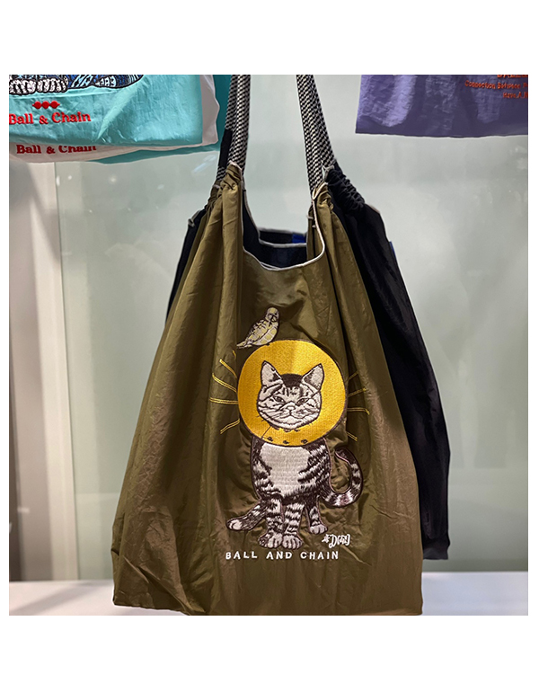 (M) Ball & Chain Eco Bag Medium Cat & Bird Khaki