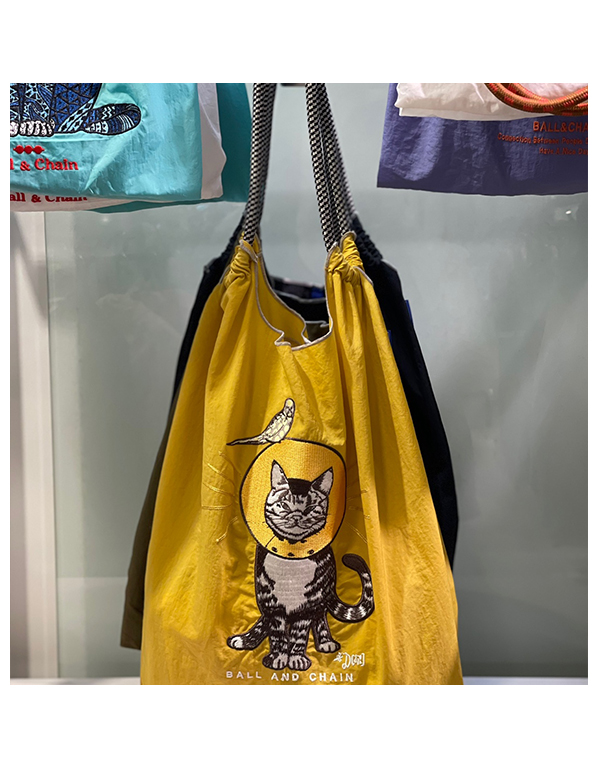 (M) Ball & Chain Eco Bag Medium Cat & Bird Yellow