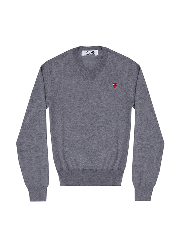 (MENS) COMME DES GARCONS PLAY LITTLE RED HEART COTTON V-NECK SWEATER (TOP GREY)