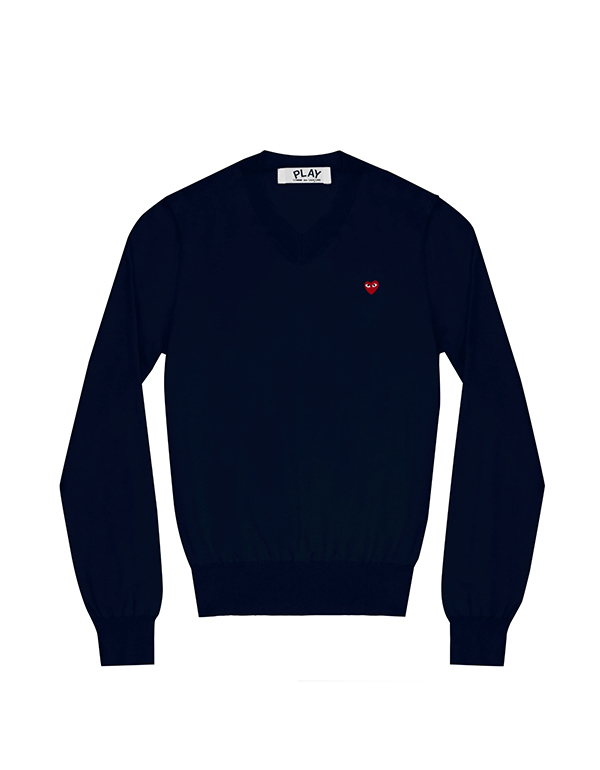 (MENS) COMME DES GARCONS PLAY LITTLE RED HEART COTTON V-NECK SWEATER (NAVY)